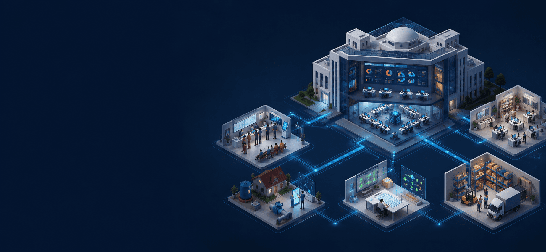 Isometric illustration of a municipal headquarters linked by a digital data network to citizen-service, works, stores and back-office units