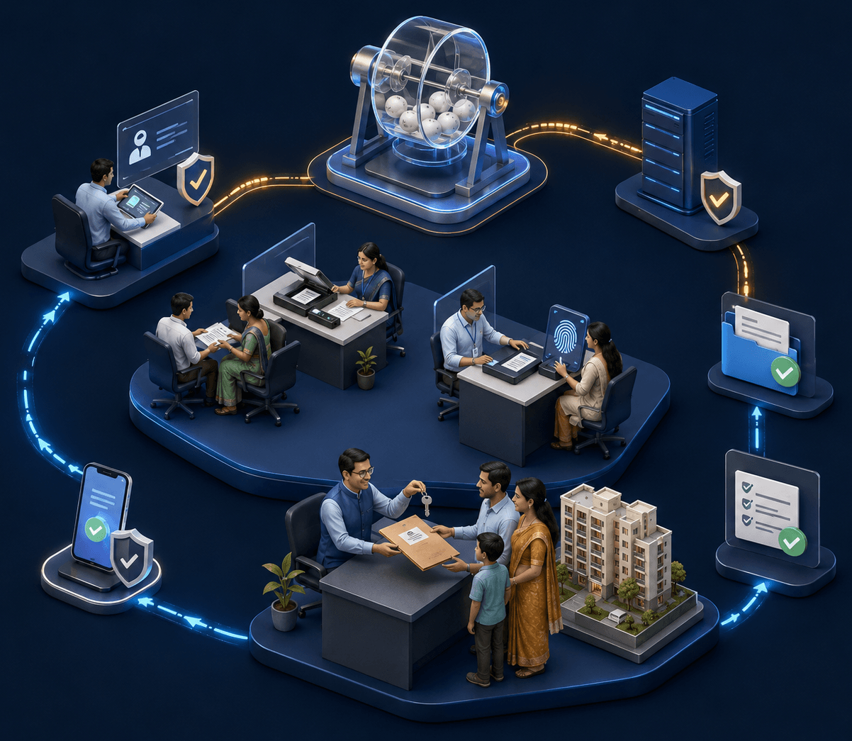 Illustration of the digital housing lottery and verified allotment process: a digital lottery drum, document and biometric verification desks, and a family receiving keys to their new home