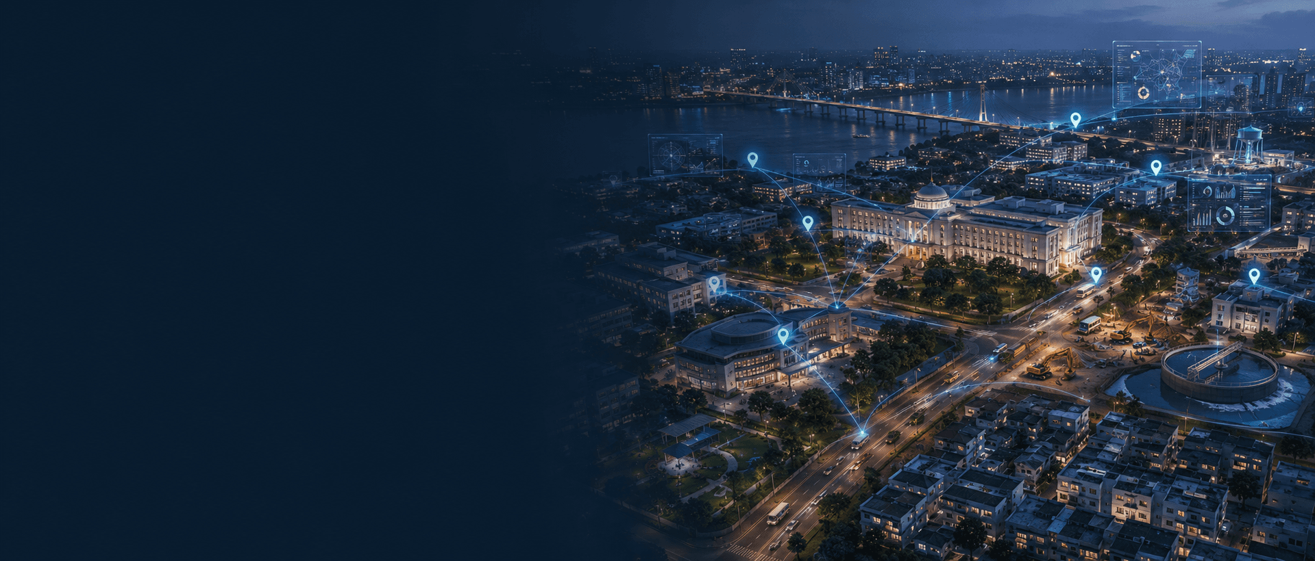 Aerial night view of a connected city — municipal administration, housing, roads, a bridge and water infrastructure linked by a digital data network