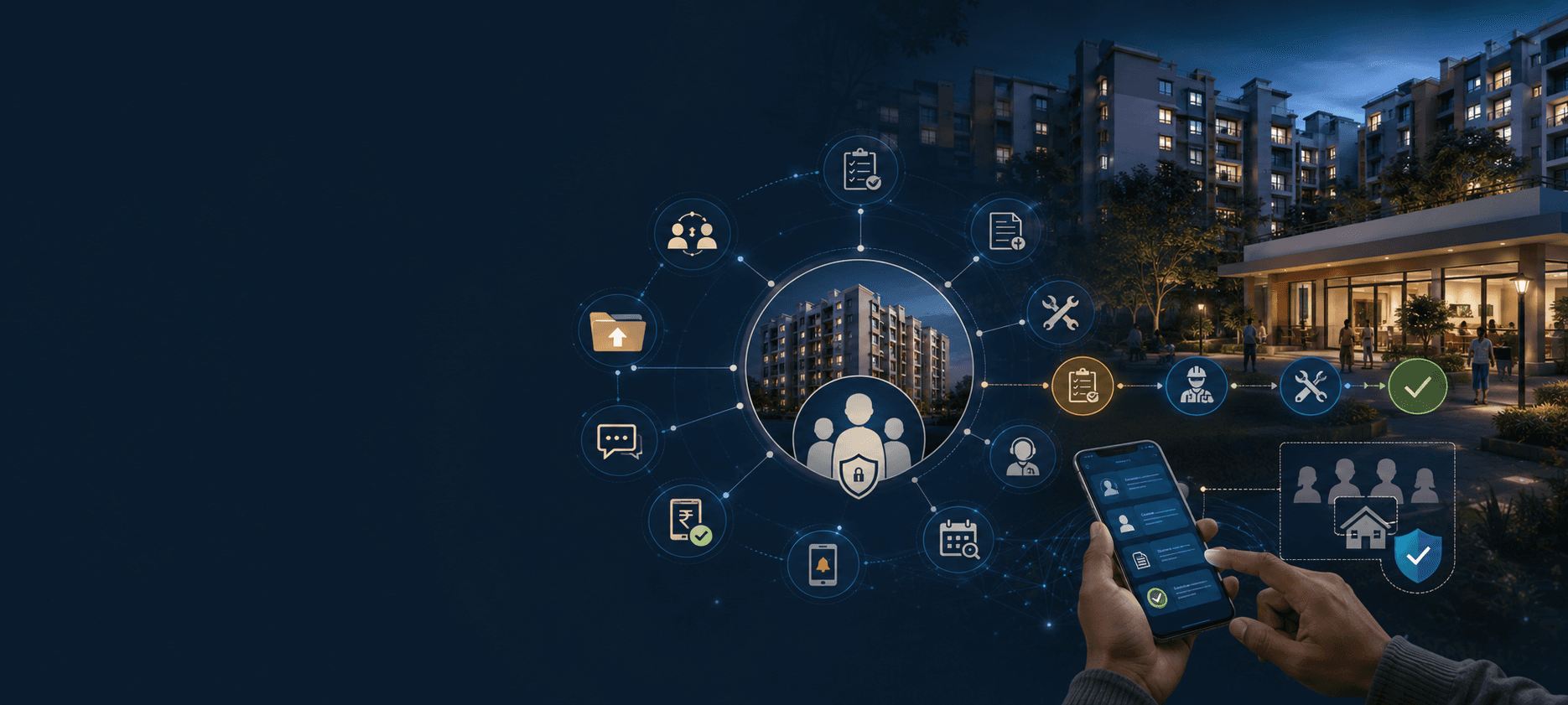 Illustration of housing-scheme applicants tracking applications and raising requests through a citizen portal