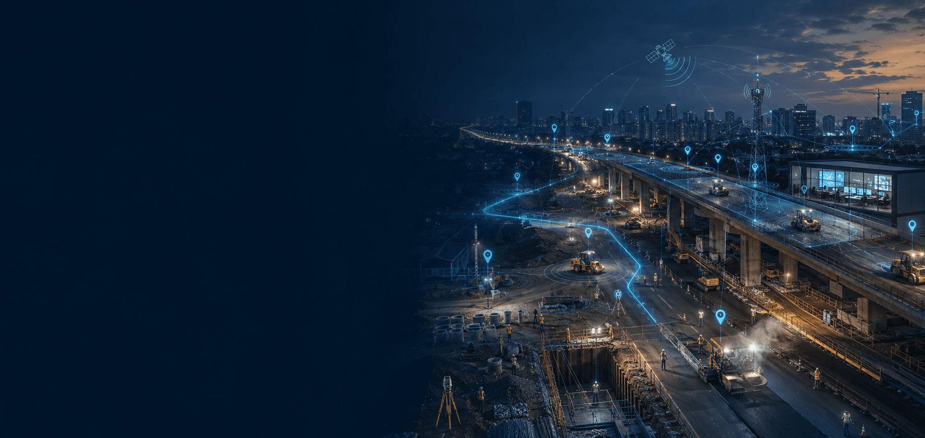 Illustration of public-works sites — roads, a bridge and infrastructure — monitored in real time from a works-management control room