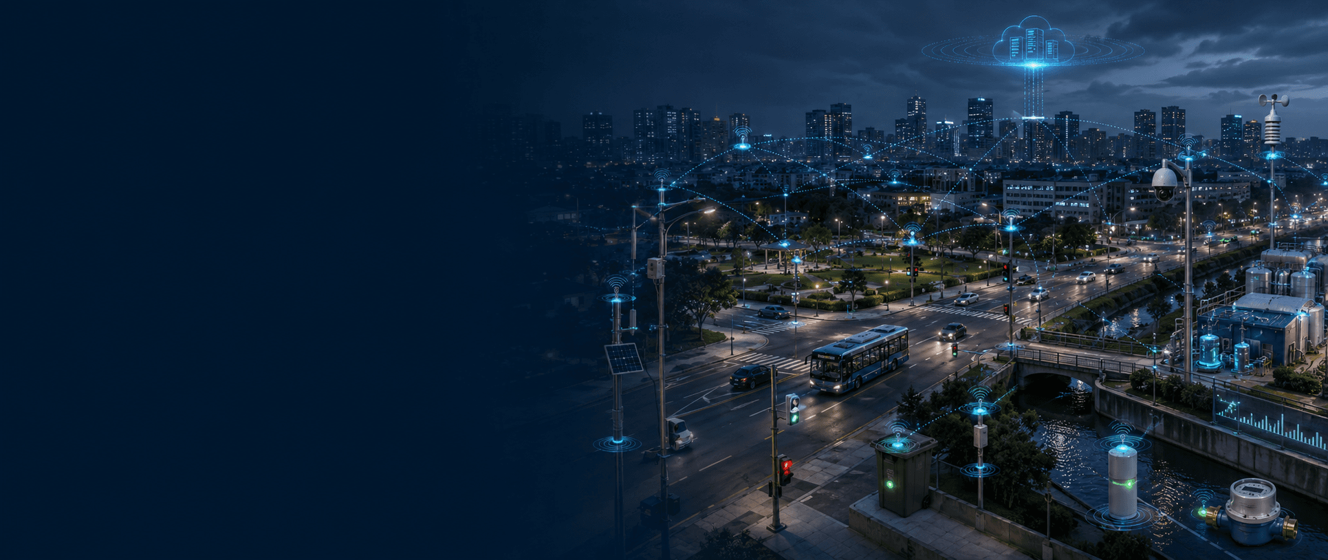 Illustration of a smart city instrumented with IoT sensors for transport, utilities, buildings and public infrastructure