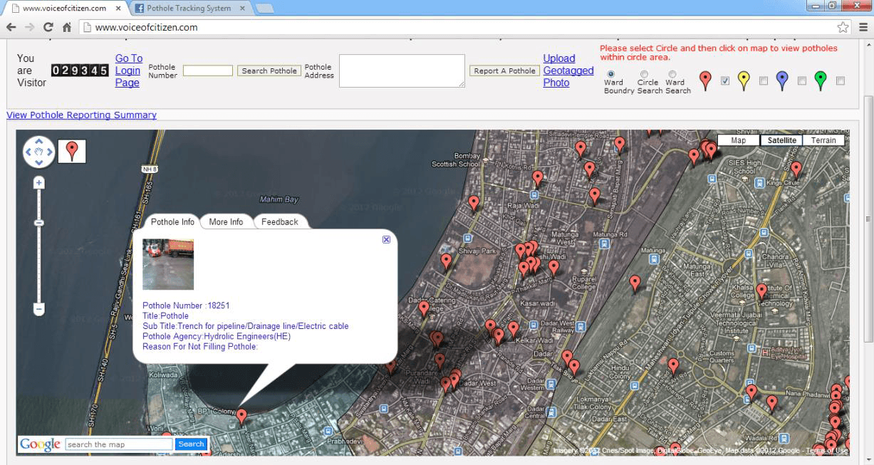 Voice of Citizen GIS-based pothole-reporting map interface, voiceofcitizen.com